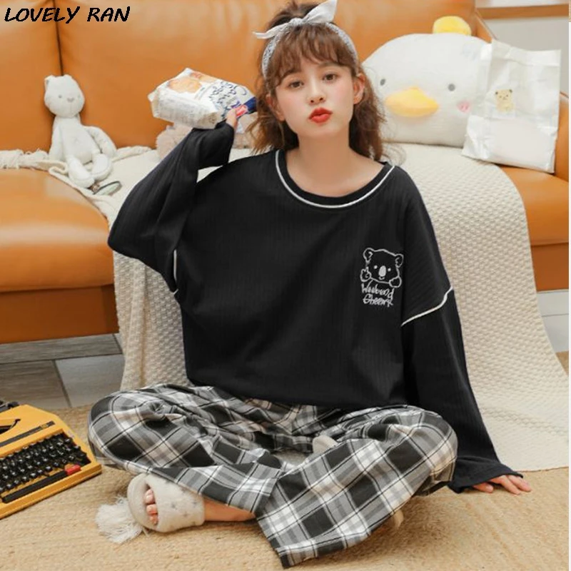

Printed Cartoon Women's Pyjamas Sets Loose Long Sleeve Top Plaid Pants Female Pyjama 2021 Spring Soft Casual Ladies Pyjama Suit