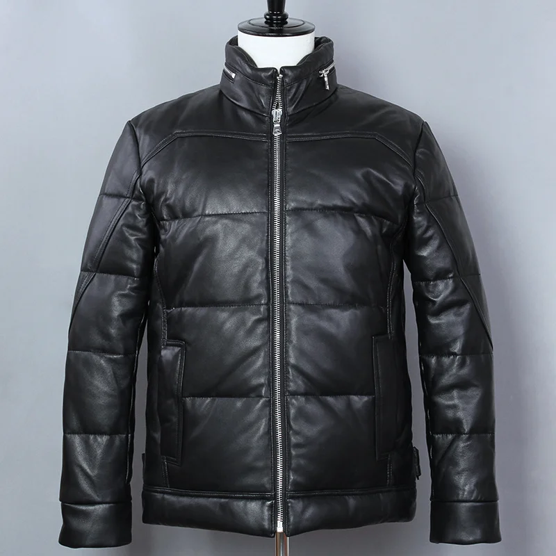 

Leather Down Jacket Men Sheepskin White Duck Down Jacket Slim Stand Collar Black Winter Coat Genuine Leather Jacket