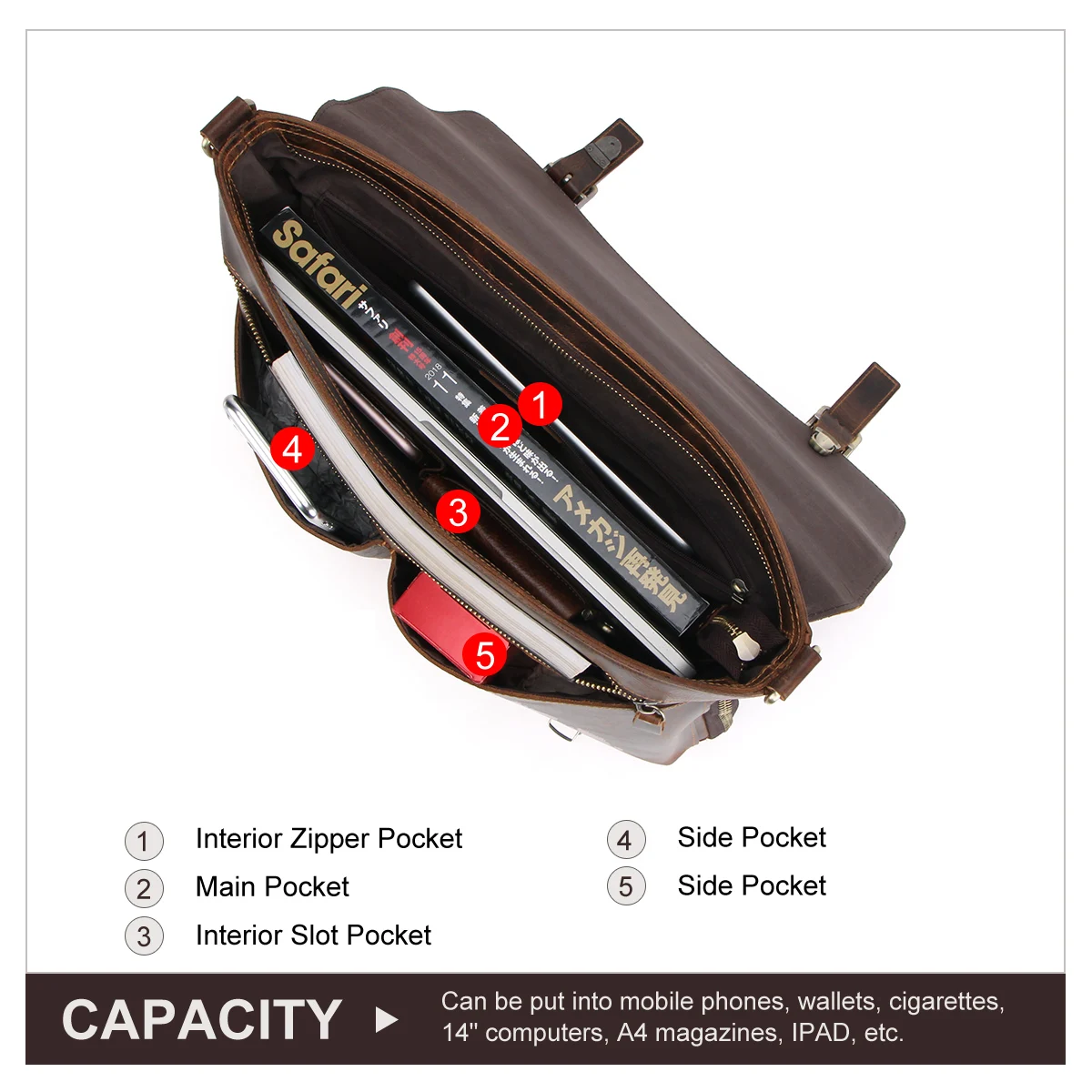 Men Briefcase Genuine Leather Laptop Bag Macbook Pro 14