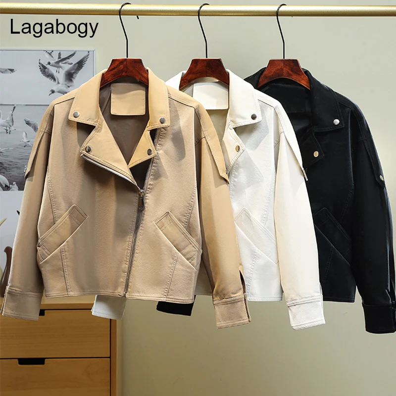

Lagabogy New Autumn Women Short Leather Jacket Turn Down Collar Zipper Moto Biker Coats Ladies Black Punk Outwear