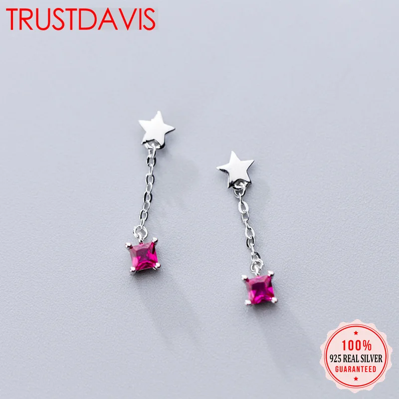 Trustdavis 100% Настоящее серебро 925 пробы розовое красное CZ звезда серьги гвоздики