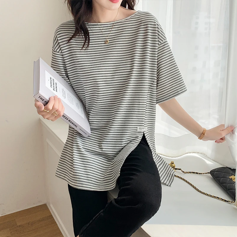 

Striped Split Short Sleeve T-Shirt Women 2021 Summer New Loose Casual Long O-Neck Oversized Tees Shirts Girls Cotton Basic Tops
