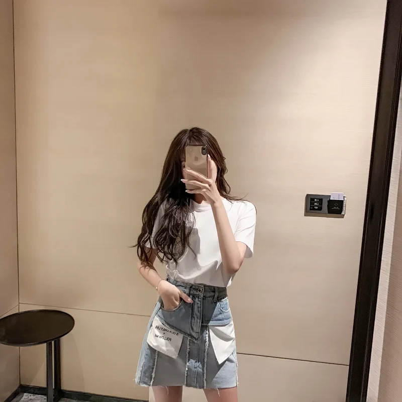 

Denim Patchwork Pocket A Line Mini Women's Skirt High Waist Letter Female Short Skirts 2021 Summer Autumn Fashion Ladies Skirts