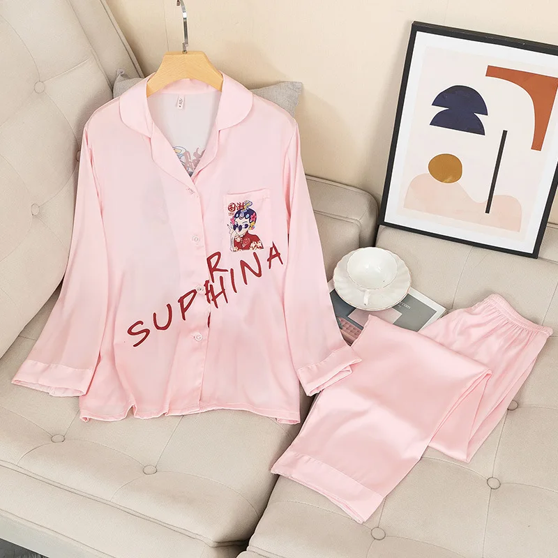 

Women Pajamas Set Chinese Style 2PCS Sleepwear Nightwear Casual Loose Bathrobe Pink Long Sleeve Home Clothes Sleep Set Negligee