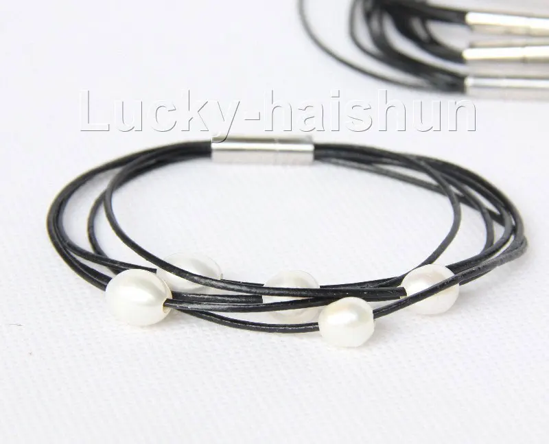 

5 piece 8" 5row 10mm white Freshwater pearls black leather bracelet j9389