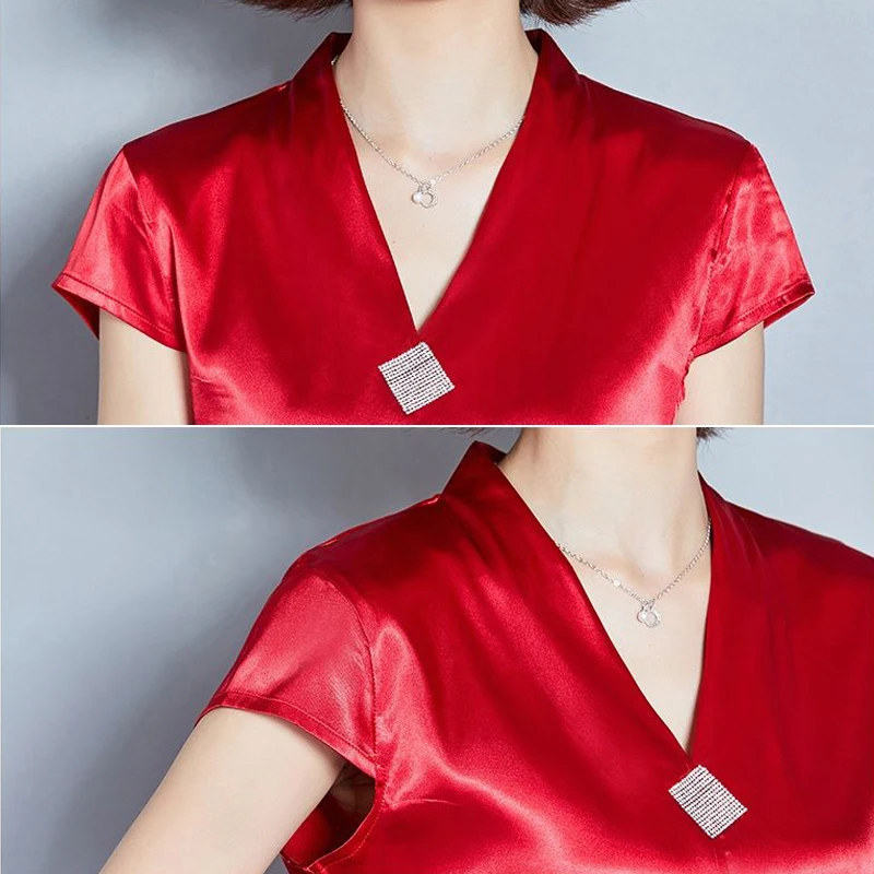 

Summer Casual Smooth Satin T-Shirt Women Fashion Korean V-Neck Short Sleeve Tee Female Vintage Imitation Silk Thin Pullover Tops