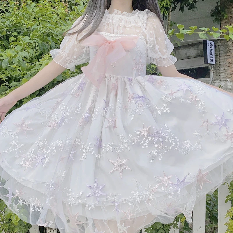 

Plus size women's 2020 summer new style Japanese Soft Girl lolita Lolita mesh print Bowknot dress Cos Loli sweet dress