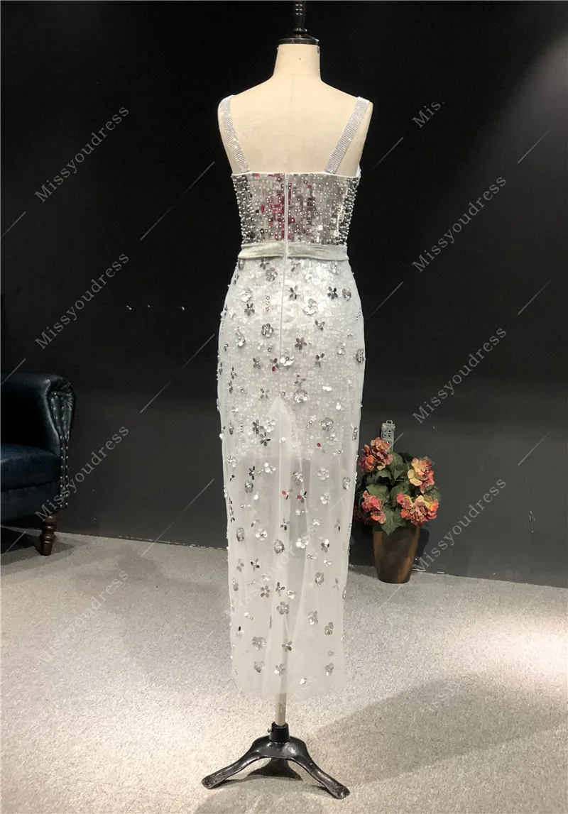2021 Newest High Quality Customized Silver Strapless Heavy Beading Open Fork Straight Tea-Length Evening Party Dress