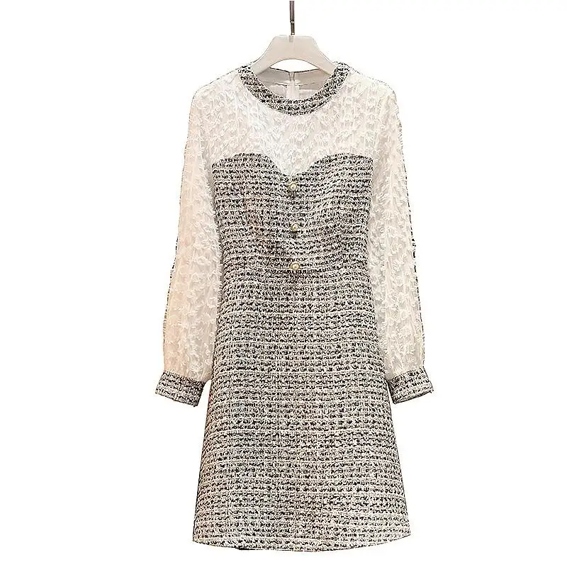 2019 осенне зимнее женское платье с длинным рукавом и круглым вырезом твидовое в