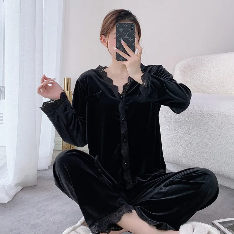 Pajamas for Women New Autumn and Winter Women's Pajamas Gold Velvet Long-sleeved Cardigan Suit Sexy Lace Home Service Sleepwear