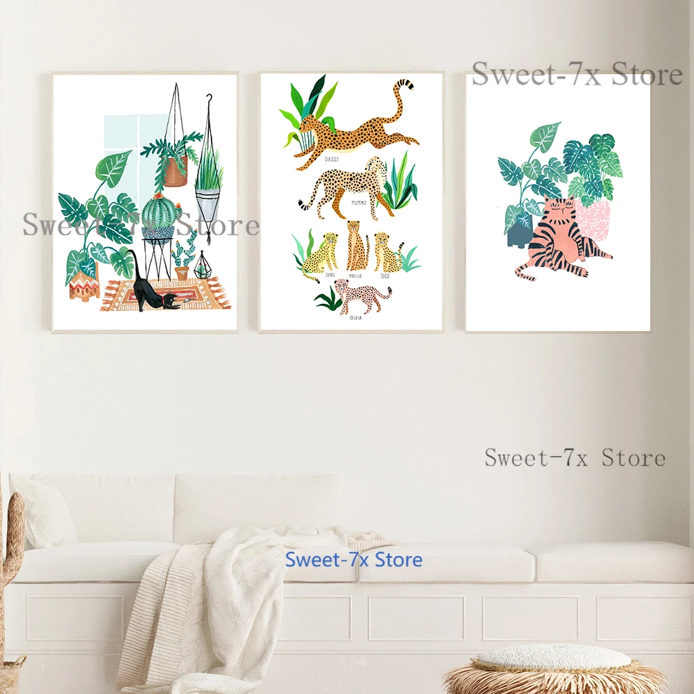 

Cheetah Nursery Jungle Animal Plant Canvas Painting Art Nordic Posters and Prints Wall Pictures for Living Room Decor Frameless