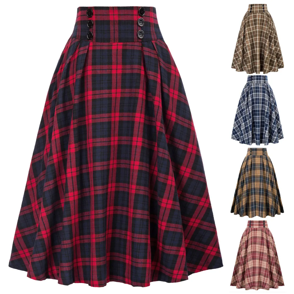 

Cocktail Skirt Buttons Decorated Party Women Plaided Cotton A-Line Elegant