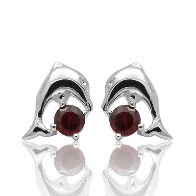 

CoLife Jewelry Fashion Silver Dolphin Earrings for Young Girl 4mm Natural Garnet Earrings Solid 925 Silver Garnet Stud Earrings