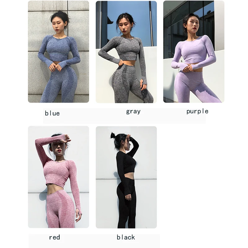 2 Pcs Yoga Set Women Long Sleeve Crop Top And High Waisted Tummy Control Sport Leggings Gym Clothing Ombre Seamless Suit | Спорт и