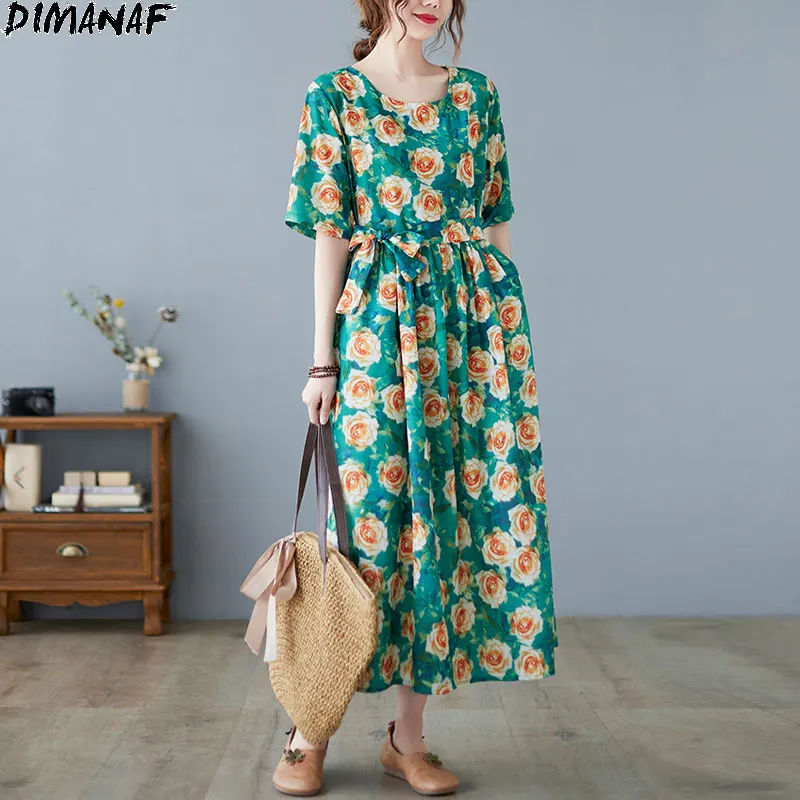 

Женское платье с цветочным принтом DIMANAF, повседневный зеленый сарафан с тонким поясом в богемном стиле, летнее платье большого размера 3XL, 2021