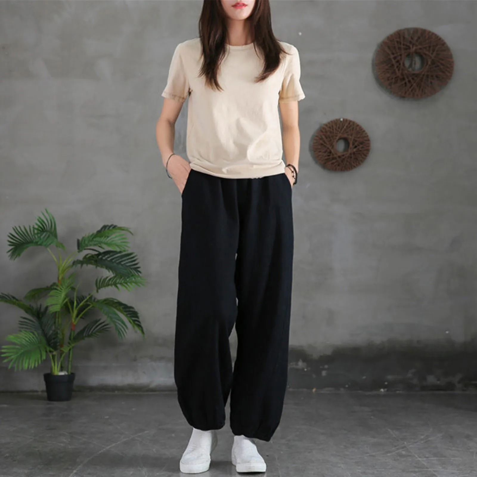 

40# Womens Cotton Linen Pocket Pants Trousers Elastic Waist Loose Trousers Bloomers Pants Plus Size Wide Leg Joggers Sweatpants