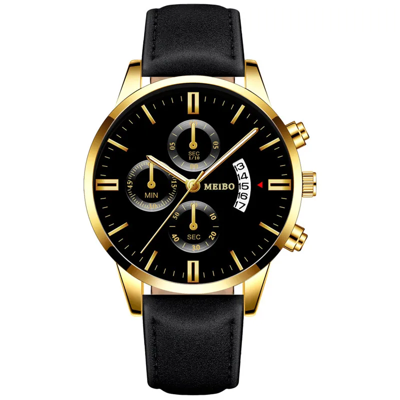 Reloj Hombre Топ бренд Мужские часы черный кожаный ремешок Календарь большой золотой