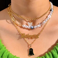 boho multilayer yin yang butterfly pearl chain necklace for women letter ghost pendant asymmetry beaded choker necklaces jewelry