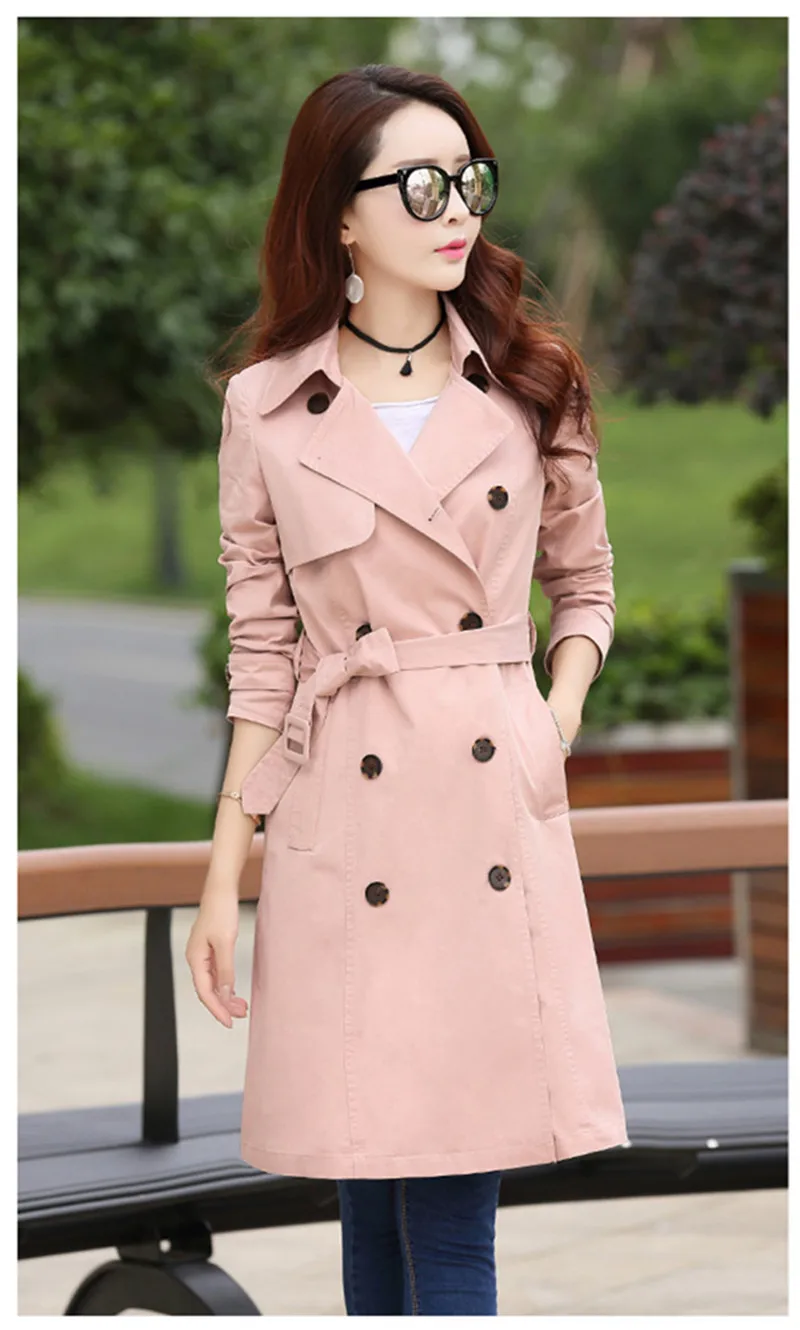 

Elegant Lady Pink Trench Coat Women's Autumn Windbreaker Coats Slim Trench Coat Para As Mulheres Double Breasted