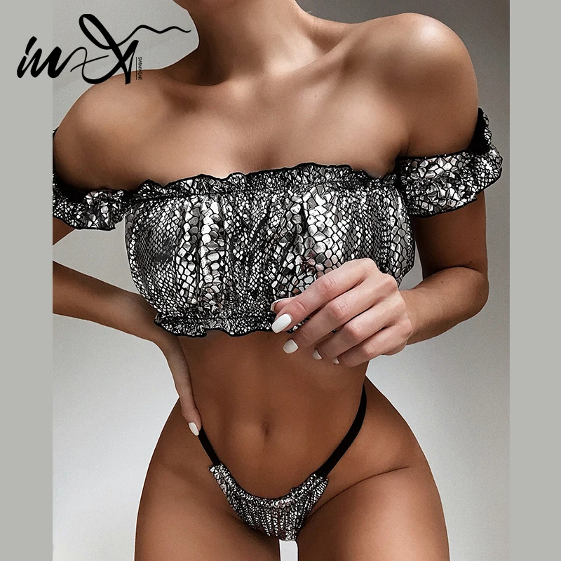 Женский купальник бикини с открытыми плечами In X серебристый Блестящий принтом