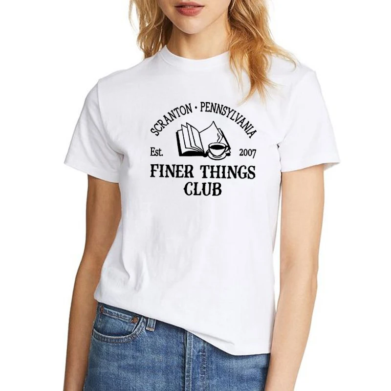 

Женская футболка с принтом Finer Things Club, летняя футболка с коротким рукавом и круглым вырезом, хлопковая свободная Черно-белая футболка для же...