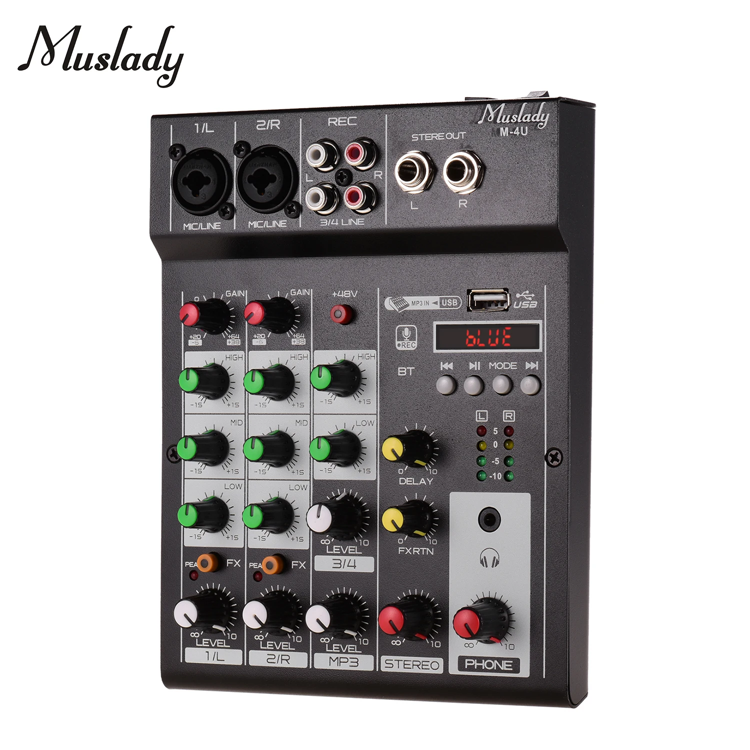 

Muslady M-4U 4-х канальный BT микшерный пульт Цифровой аудио смеситель встроенный эффекты реверберации + 48V Phantom Мощность 3-полосный Портативный