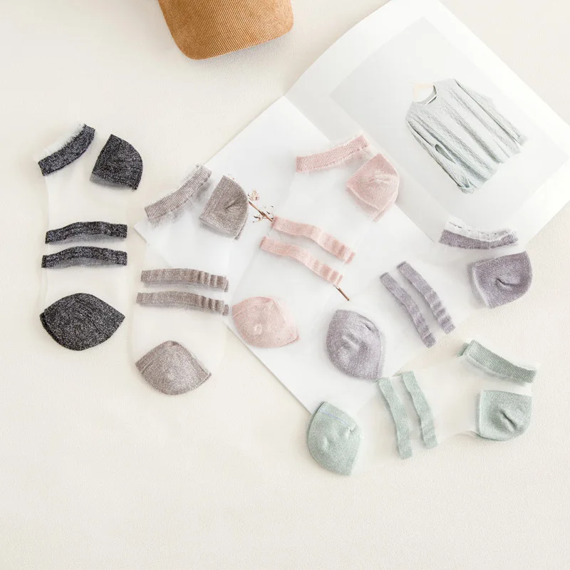 

5 Pairs/Lot Summer Two Stripes Female Ankle Sock Women Silver Silk Ladies Crystal Short Socks Thin Soft Sweet Beauty Girls Socks