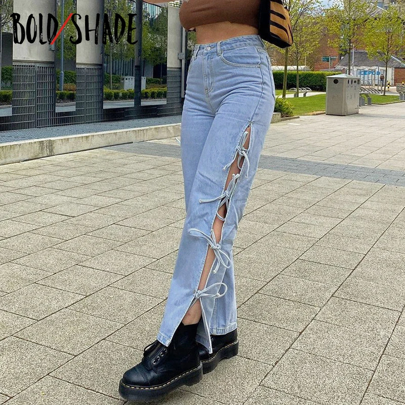 

Bold Shade Streetwear 90s Grunge Denim Jeans Bandage Side Casual Straight Women Urban Style Pants High Waist Indie y2k Trousers
