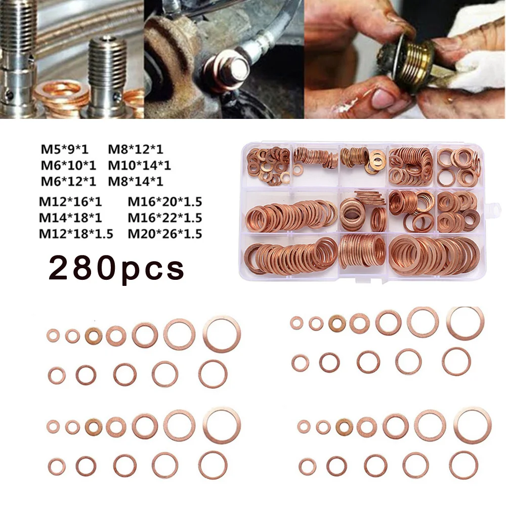 

280pcs Set Car Oil Pan Gaskets Drain Bolt Crush Washer Solid Copper Seal Gasket Rings Flat Ring Shim Auto Replacement Parts