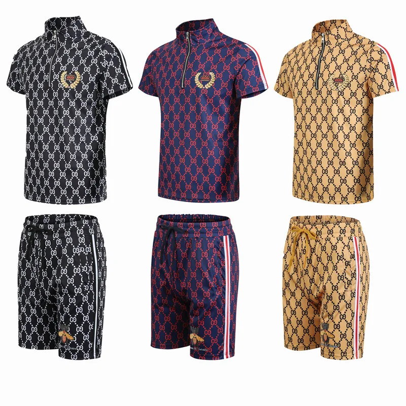 

New mens casual suit fashion 2-piece sportswear striped Quick-drying short-sleeved T-shirt track shorts suit mens sportswear