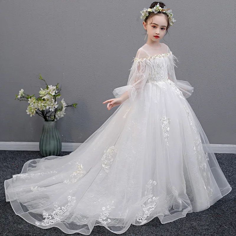 Белое свадебное платье с цветами для девочек HT138 кружевные Детские платья