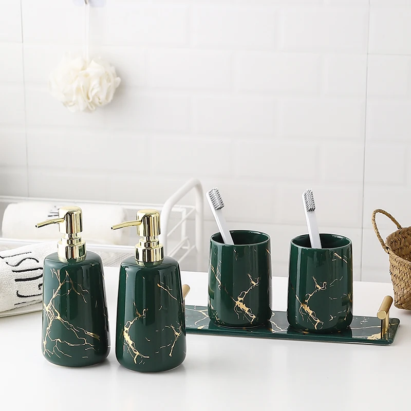 

Milky Ceramic Bathroom Set Wash Set Toothbrush Cup Set Marble Pattern Shower Gel Bottle Ceramic Bathroom Tray
