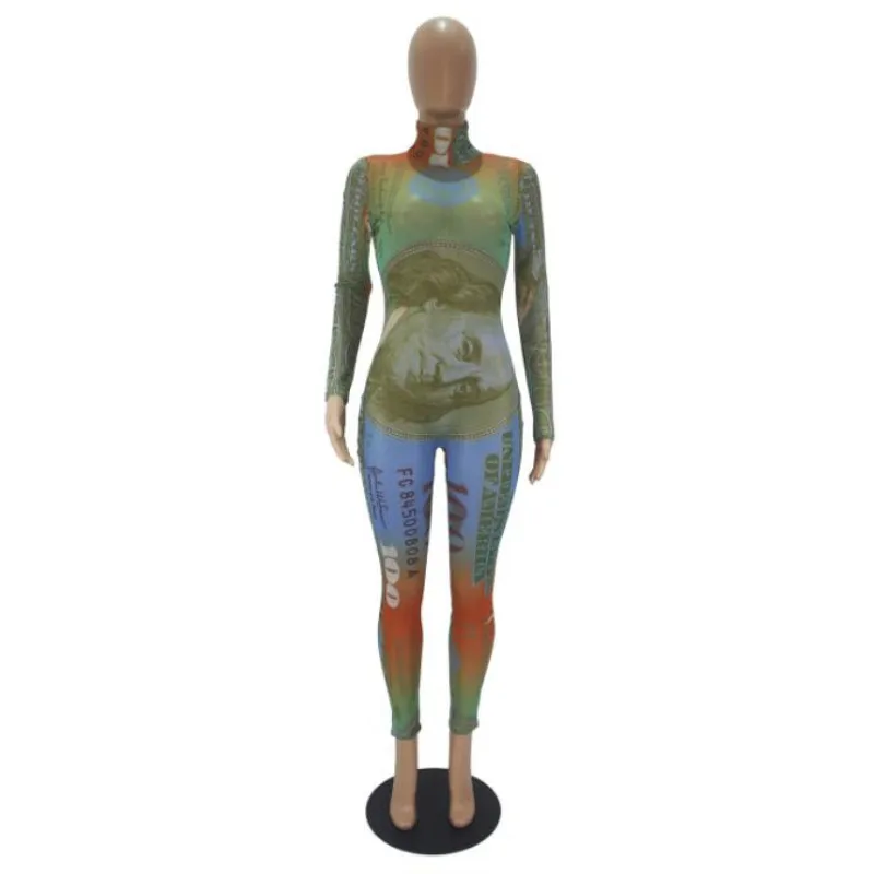 

2021 Long Sleeve Turtleneck 3D Print Bodycon Jumpsuit Autumn Winter Women Sexy Streetwear Casual Romper