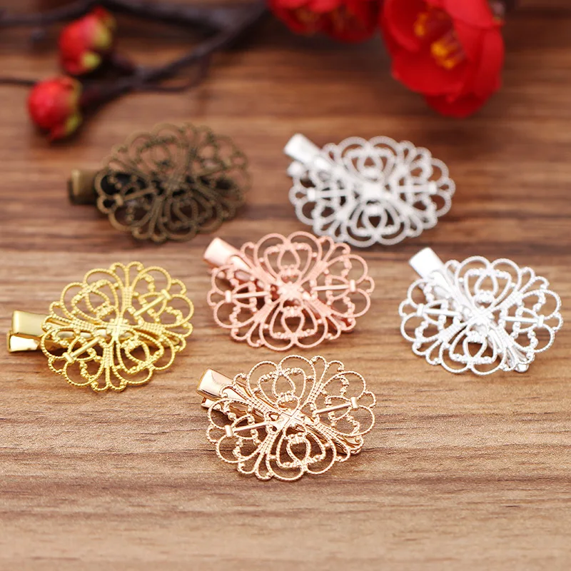 

20 шт. 34x26 мм Металлические латунные филигранные заколки для волос, аксессуары для волос «сделай сам», зажим с утконосом для изготовления юве...
