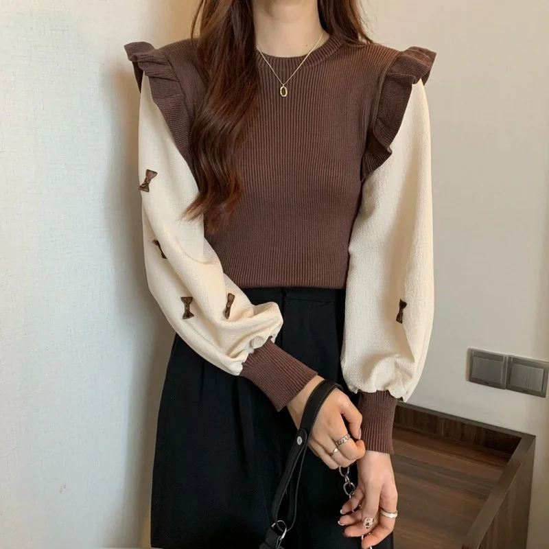 Женский трикотажный топ с оборками рубашка рукавами-фонариками и бантом на осень