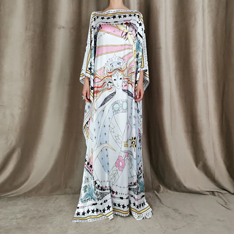

Loose Long Dress Autumn New Women'S Vintage Elegant Chic Beauty Print Stitching Slash Neck Beach Casual Party Chiffon Dresses