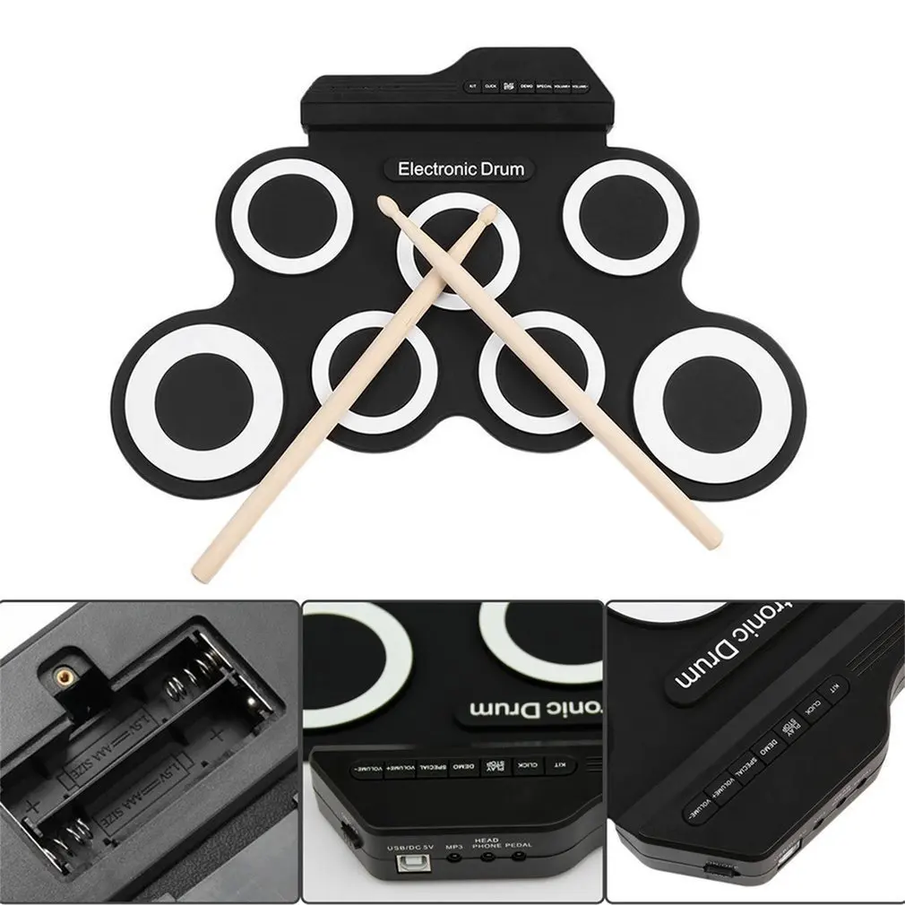 

Drum Electronic Drum Set Compact Size USB Roll-Up Silicon Drum Pad Digital Electronic Drum Kit 7-Pad with Drumsticks Foot Pedals