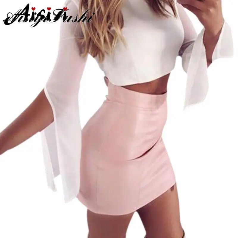 ASIYIFUSHI 2020 Новая летняя кожаная юбка Женская высокая талия мини Хаки розовая