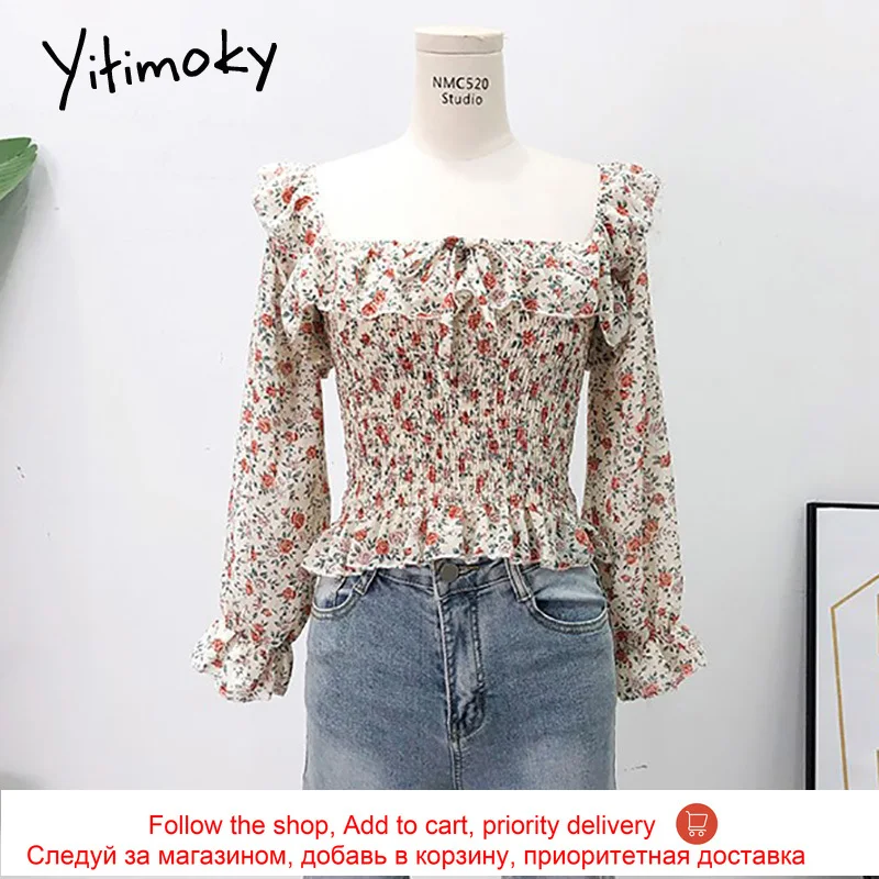 

Yitimoky Women Top And Blouses Spring 2021 Long Sleeve Shirt Fashion Short Casual Slash Neck Flare Sleeve Ruffles Chiffon Floral