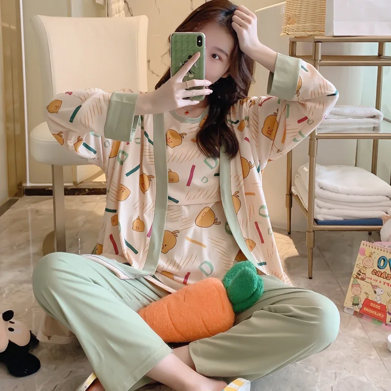 

Spring Autumn Print Cotton Maternity Nursing Sleepwear Sets Three-piece Pajamas Suit for Pregnant Women Lace Pregnancy Home Wear