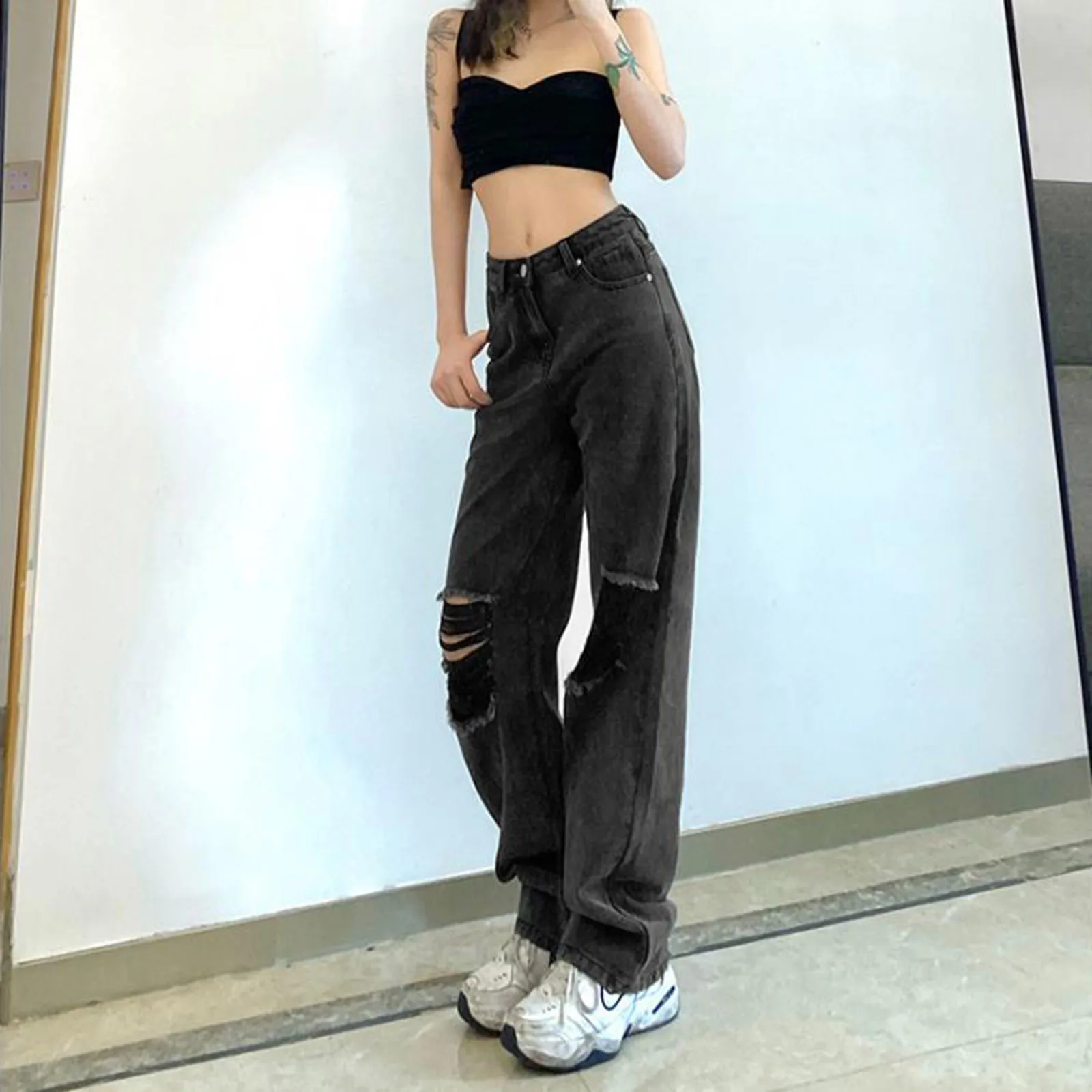 

Vintage Loose Jeans Black Straight Wide Leg Jeans High Waist Ripped Jeans For Women Knee Ripped Pants Mom Jeans Boyfriends
