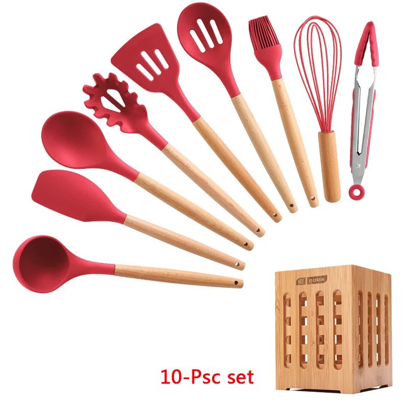 10-Pcs kitchen set Силиконовые набор для кухни 11/12/13 шт, кухонный набор,набор кухонных принадлежностей, антипригарным,деревянной с лопатки, ложка,половник,Кухня инструменты,кухонная утва,серый,кухонные принадлежности из силикона - Цвет: 10-Pcs kitchen set