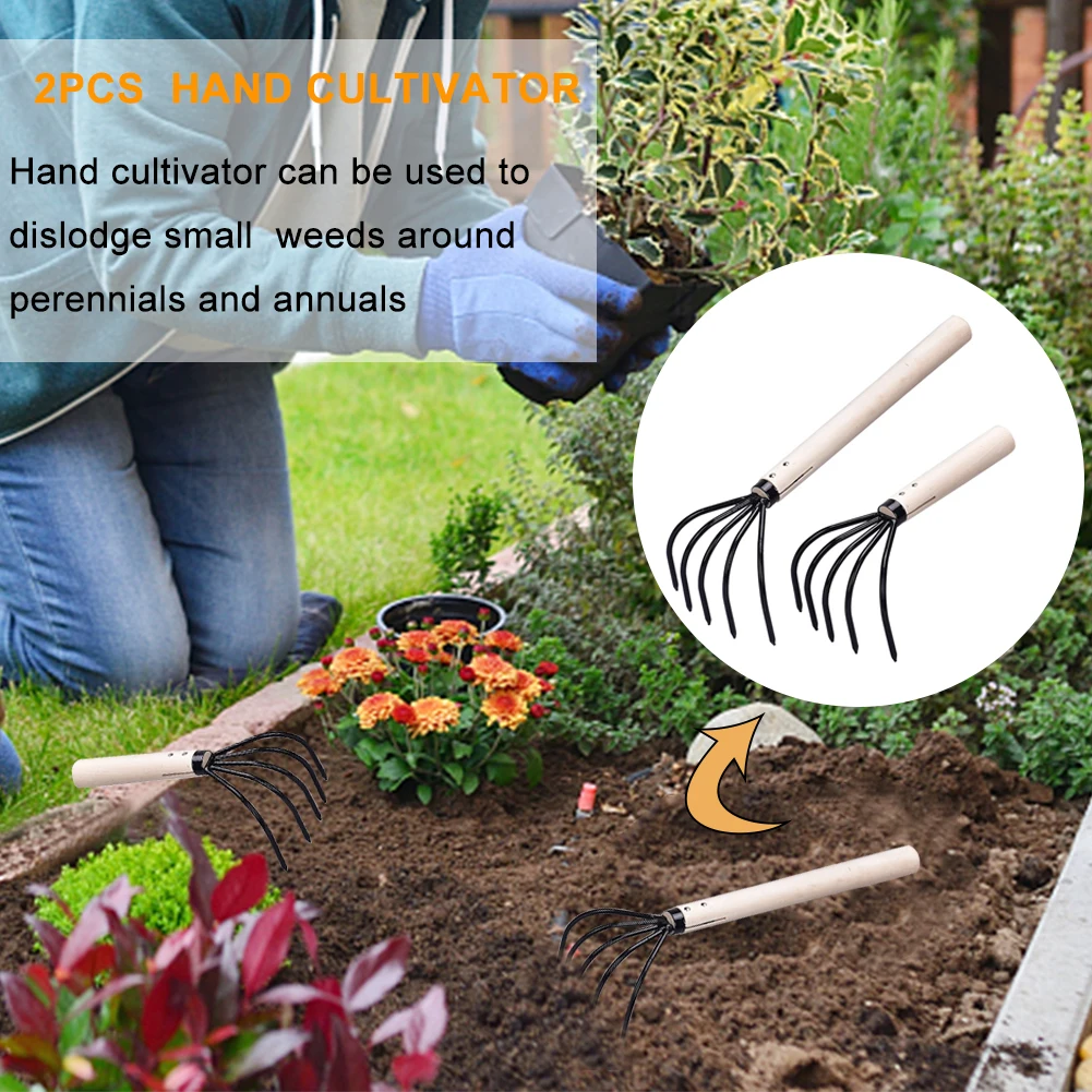 

2pcs Collect Leaves Ergonomic Hand Cultivator With Wooden Handle Garden Tool Lawn Loosening 5 Tine Claw Rake Patio Carbon Steel