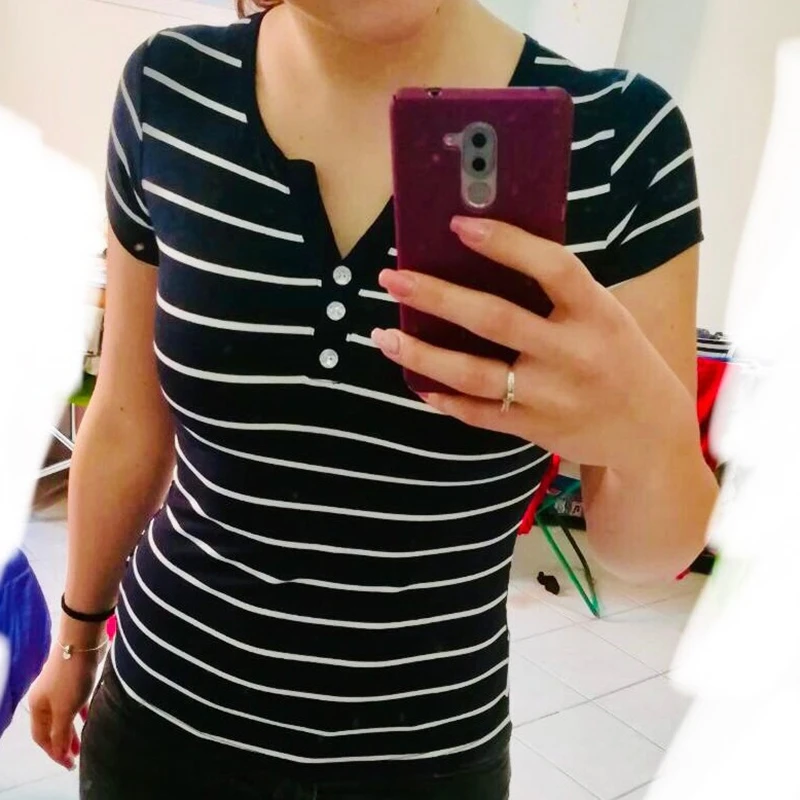 Женская хлопковая футболка в полоску с коротким рукавом весна-лето-осень женская