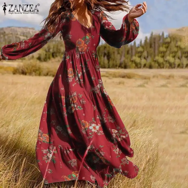 Womens Autumn Long Dress ZANZEA V Neck Ruffle Dress Vintage Floral Printed Vestidos Fashion Puff Sleeve Robe Femme