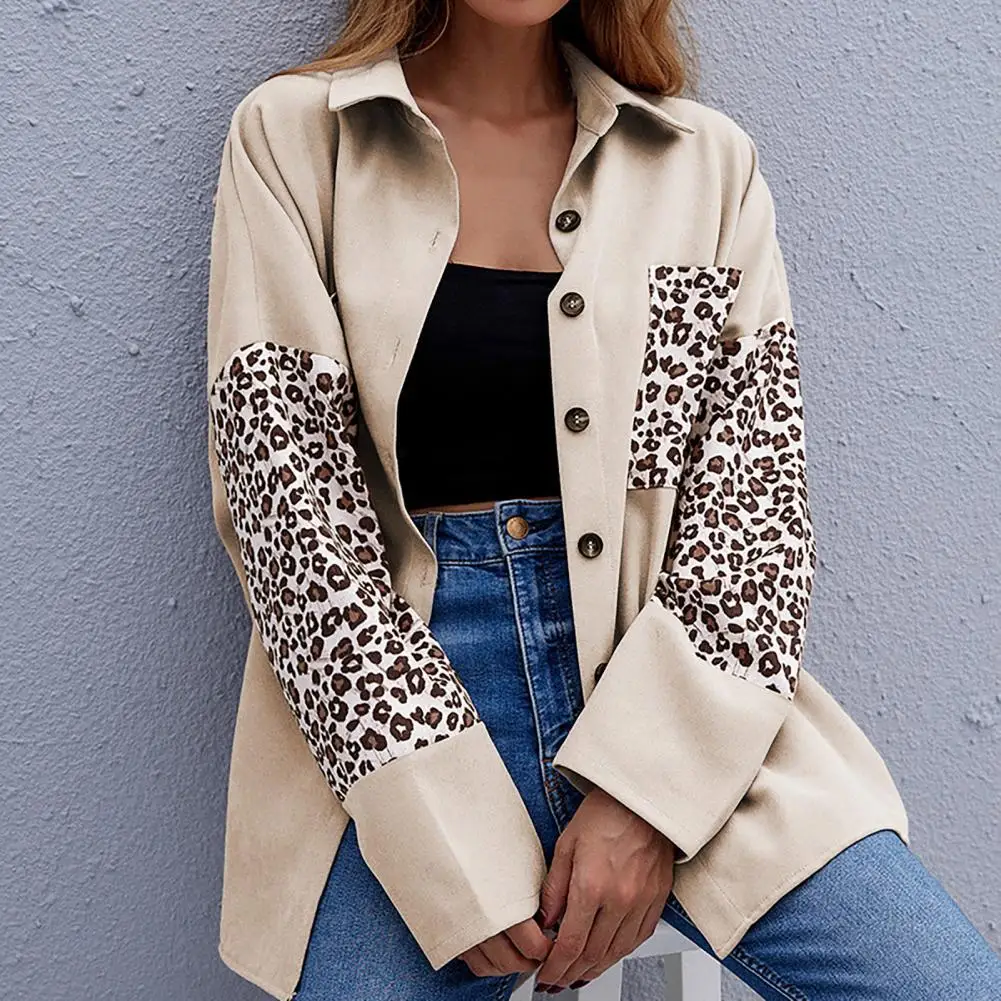 

Oversize Blouses 2021 Fashion Leopard Patchwork Women Shirt Turn-down Collar Long Long Sleeve Pockets Autumn Shirt Blouse Tops