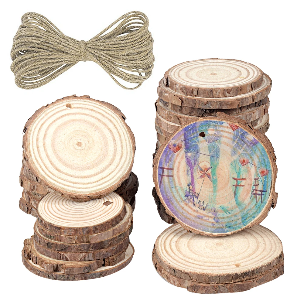

Natural Hole Craft DIY Twine Kit Craft DIY Wood Log Slices Wedding Decor Circle Tree Bark Predrilled Rounds for Tableware