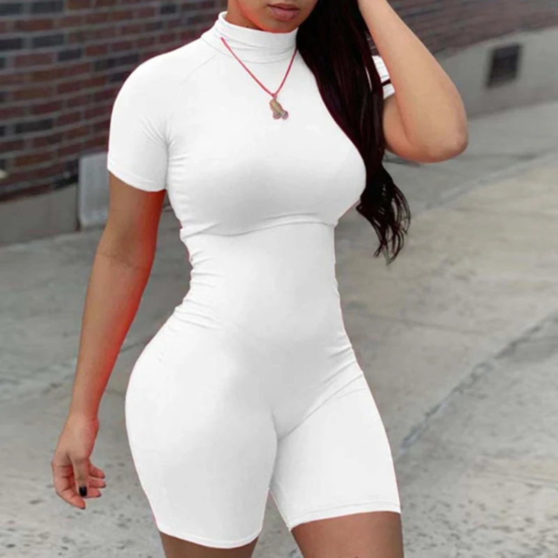

Fitness Women Streetwear Neon Bodysuit Women Mock Neck Short Sleeve Casual Playsuit High Elastic Sexy Tight Sports Overalls