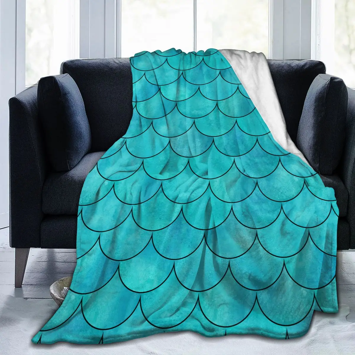 

Soft Warm Fleece Blanket Bright Teal Color Mermaid Fish Scale Wave Winter Sofa Throw Light Thin Mechanical Wash Flannel Blankets