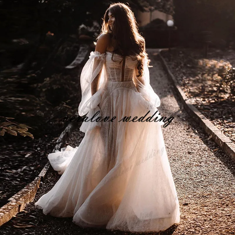 

Robes de mariée Country Garden Wedding Dress Long Sleeves Soft Sequins Lace Bridal Gowns Sweep Train Wedding Gowns for Women